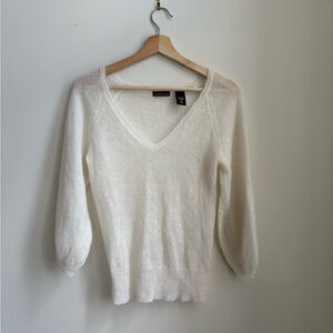 Moda International Mohair Blend White V-Neck Sweater - Size Medium